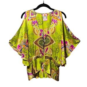 Evolve Silk Cold Shoulder Batwing Top Paisley Sequin Waist Lime Green Purple